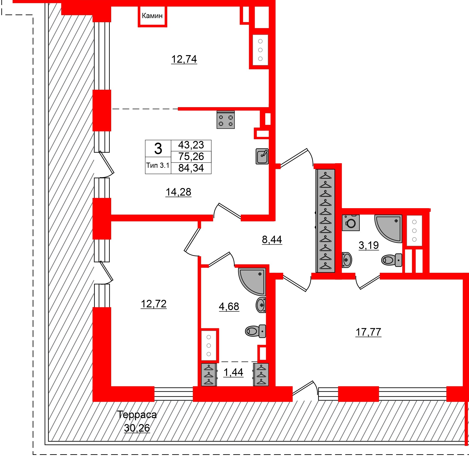 Квартира в ЖК «Сэтл Ривьера», 3 комнатная, 75.26 м², 12 этаж