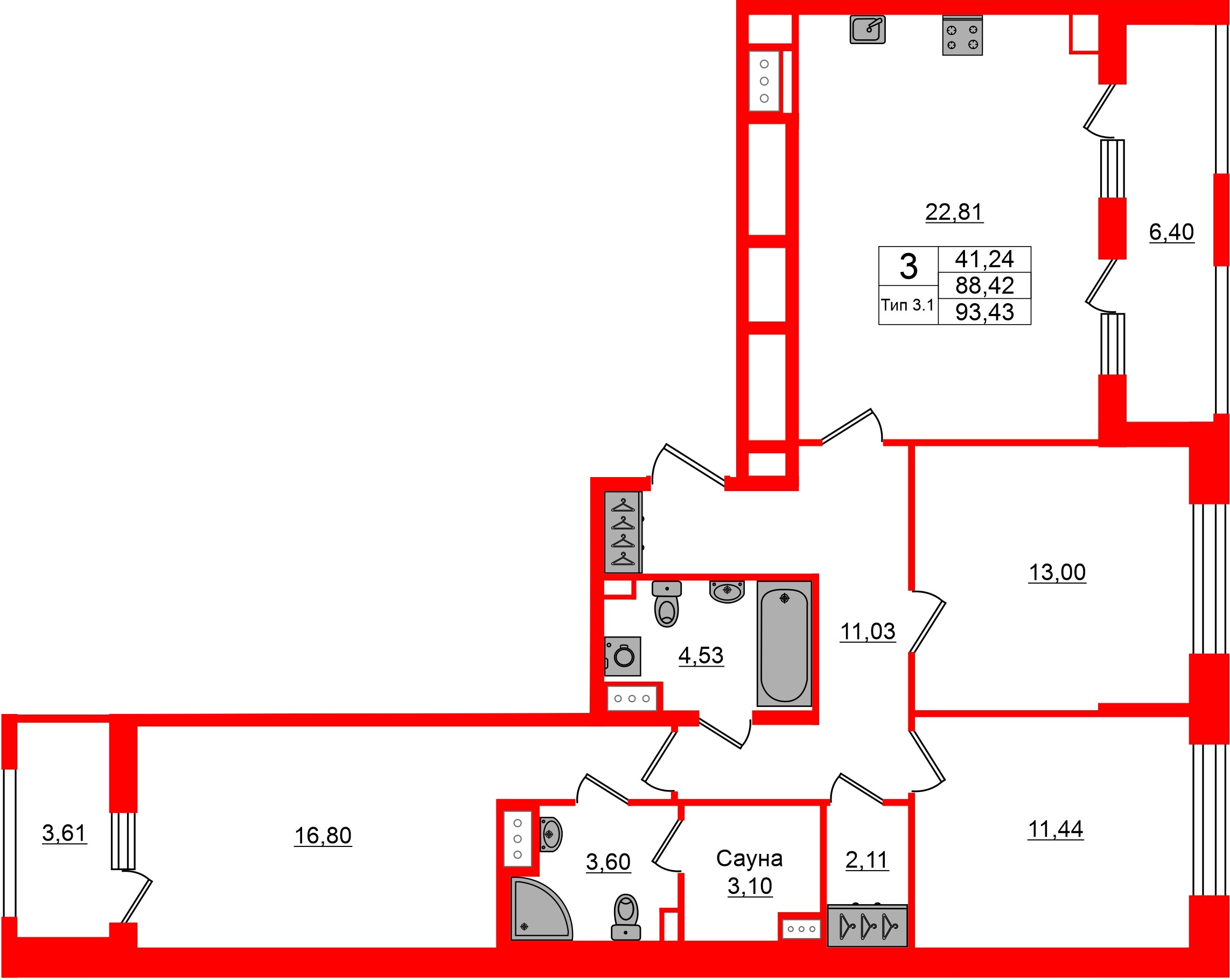 Квартира в ЖК «Сэтл Ривьера», 3 комнатная, 88.42 м², 4 этаж