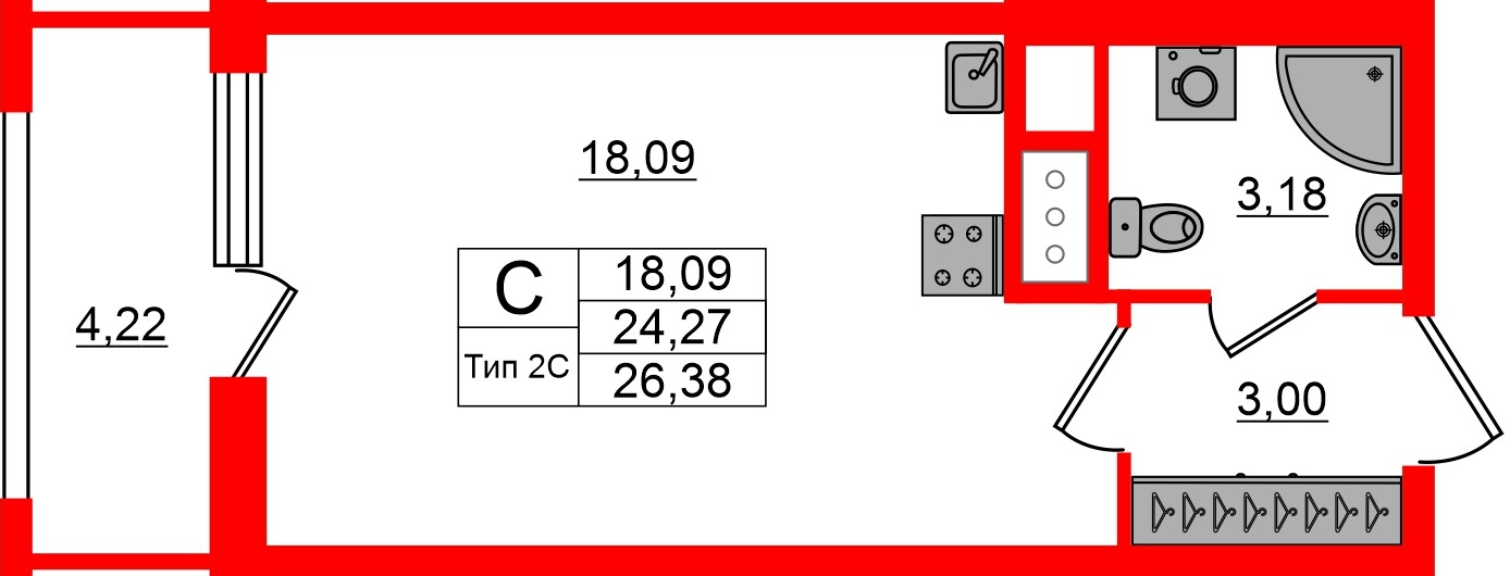Квартира в ЖК «Сэтл Ривьера», студия, 24.27 м², 3 этаж