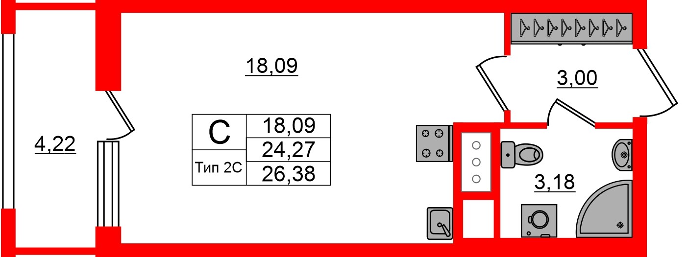 Квартира в ЖК «Сэтл Ривьера», студия, 24.27 м², 10 этаж