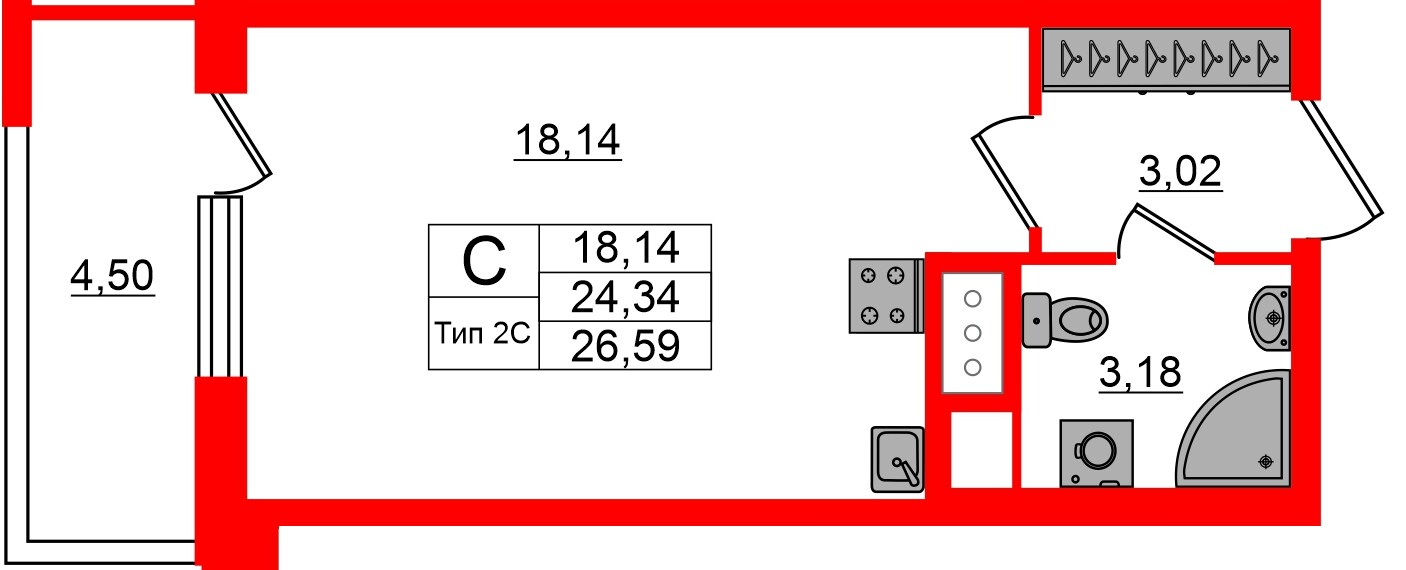 Квартира в ЖК «Сэтл Ривьера», студия, 24.34 м², 4 этаж