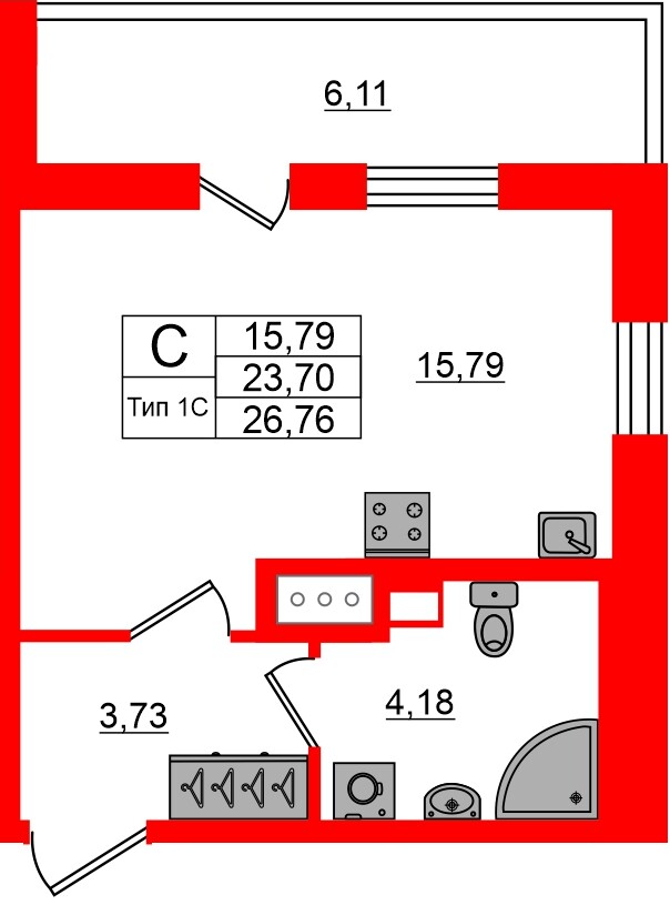 Квартира в ЖК «Сэтл Ривьера», студия, 23.7 м², 9 этаж