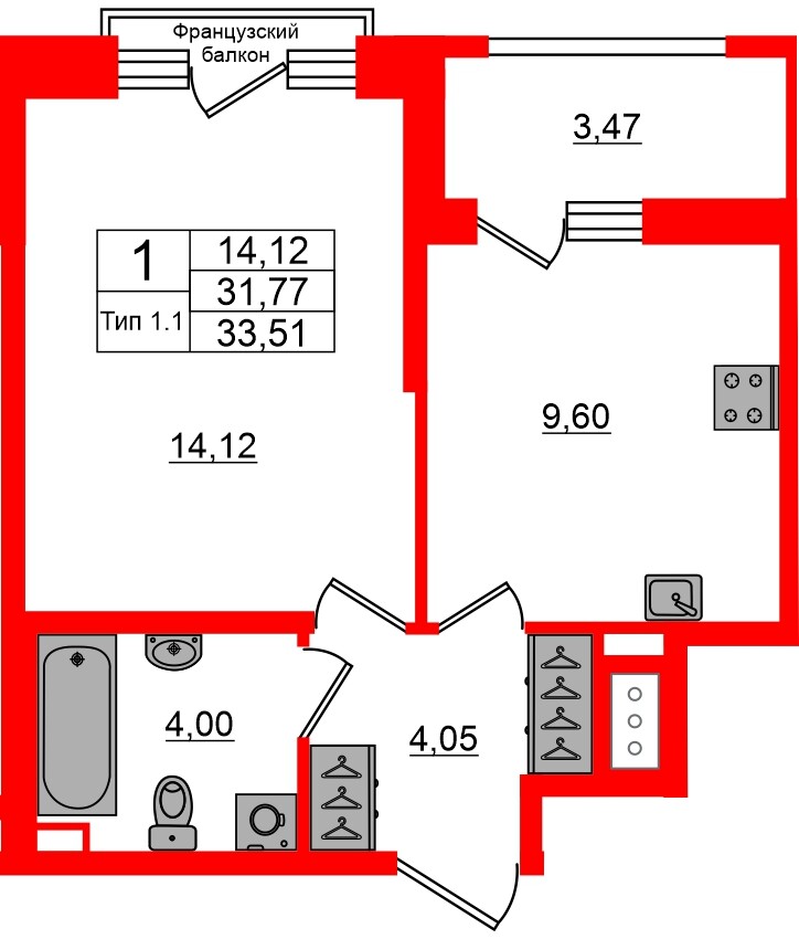 Квартира в ЖК «Сэтл Ривьера», 1 комнатная, 31.77 м², 3 этаж