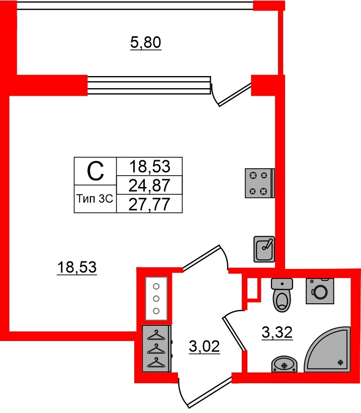 Квартира в ЖК «Сэтл Ривьера», студия, 24.87 м², 10 этаж