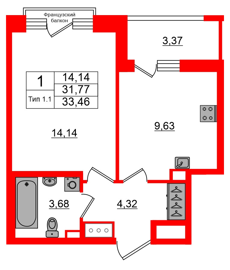 Квартира в ЖК Setl Ривьера, 1 комнатная, 31.77 м², 13 этаж