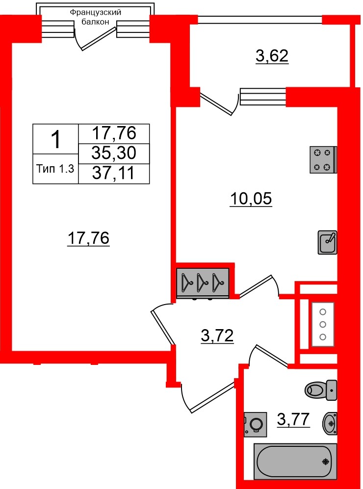 Квартира в ЖК «Сэтл Ривьера», 1 комнатная, 35.3 м², 3 этаж