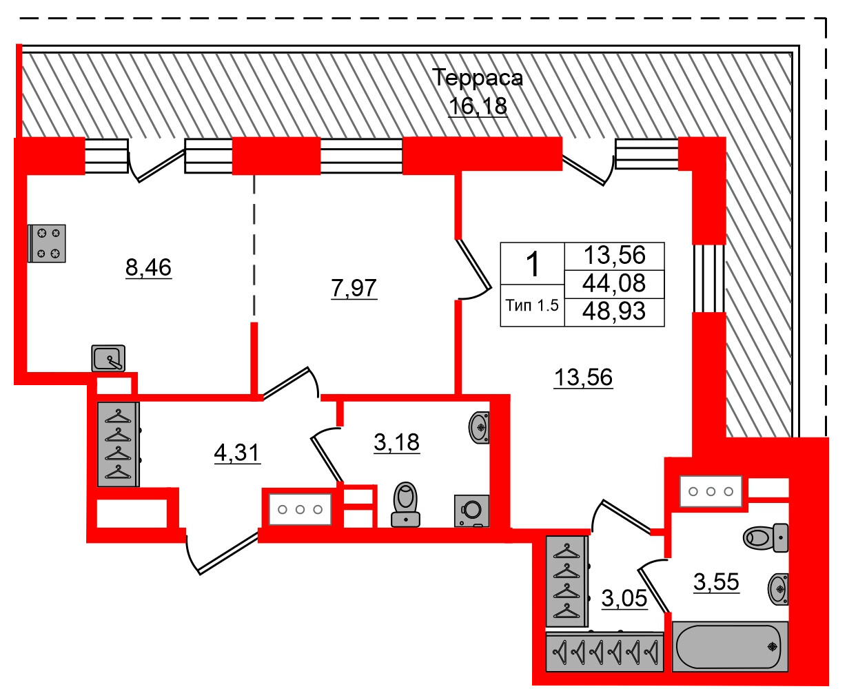 Квартира в ЖК Setl Ривьера, 1 комнатная, 44.08 м², 17 этаж