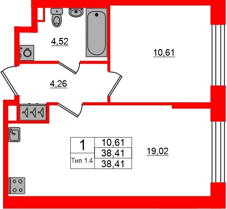 Квартира в ЖК «Сэтл Ривьера», 1 комнатная, 38.41 м², 1 этаж