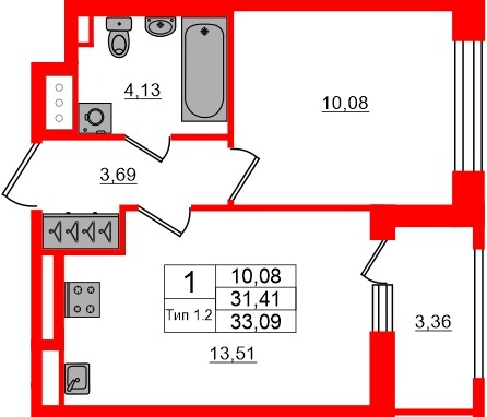 Квартира в ЖК «Сэтл Ривьера», 1 комнатная, 31.41 м², 11 этаж