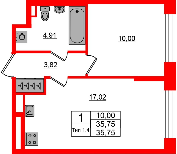 Квартира в ЖК «Сэтл Ривьера», 1 комнатная, 35.75 м², 1 этаж