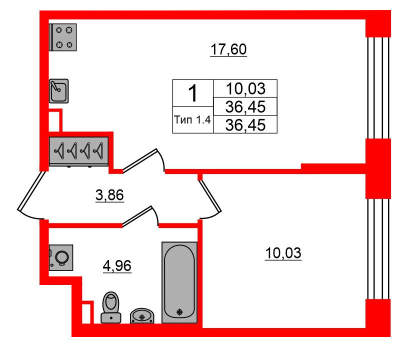 Квартира в ЖК Setl Ривьера, 1 комнатная, 36.45 м², 1 этаж