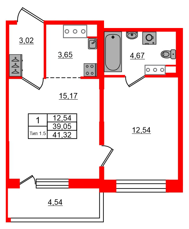 Квартира в ЖК Setl Ривьера, 1 комнатная, 39.05 м², 12 этаж