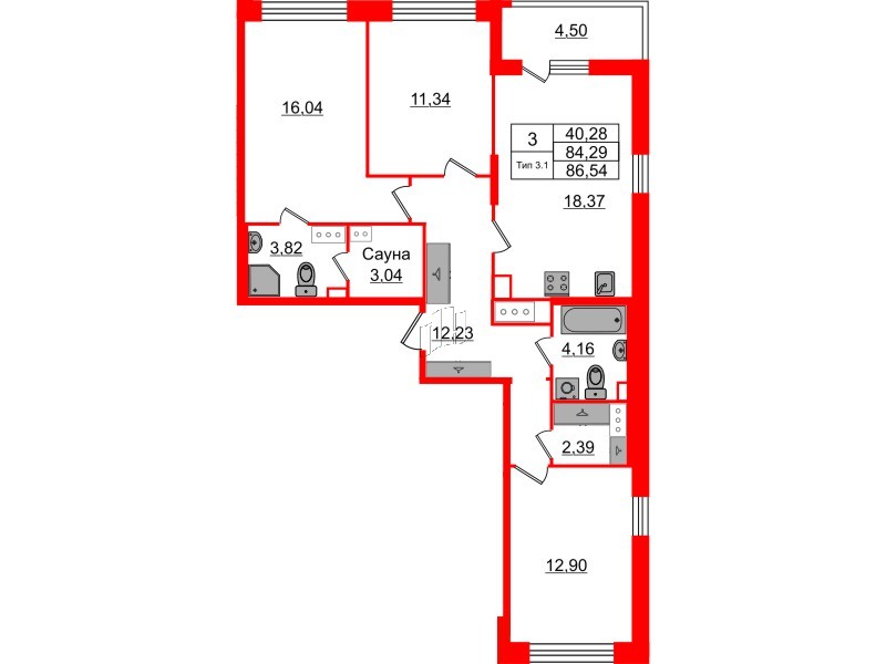 Квартира в ЖК «Сэтл Ривьера», 3 комнатная, 84.29 м², 5 этаж