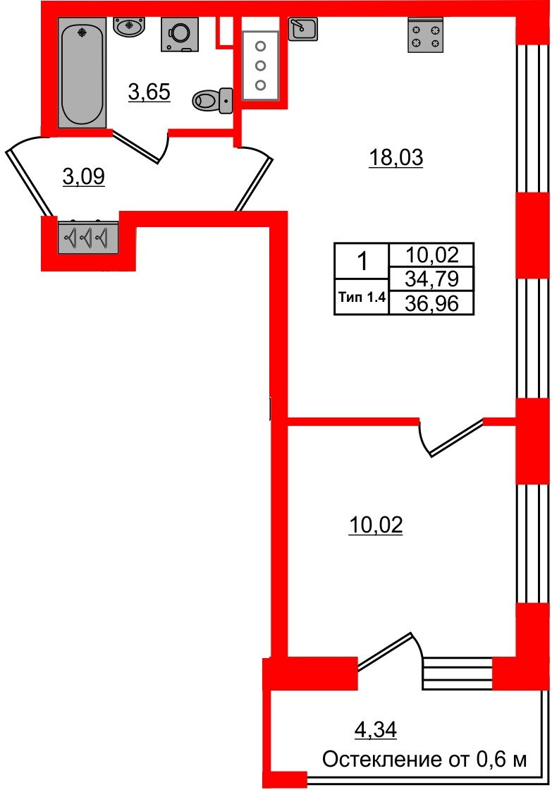 Квартира в ЖК «Сэтл Ривьера», 1 комнатная, 34.79 м², 4 этаж