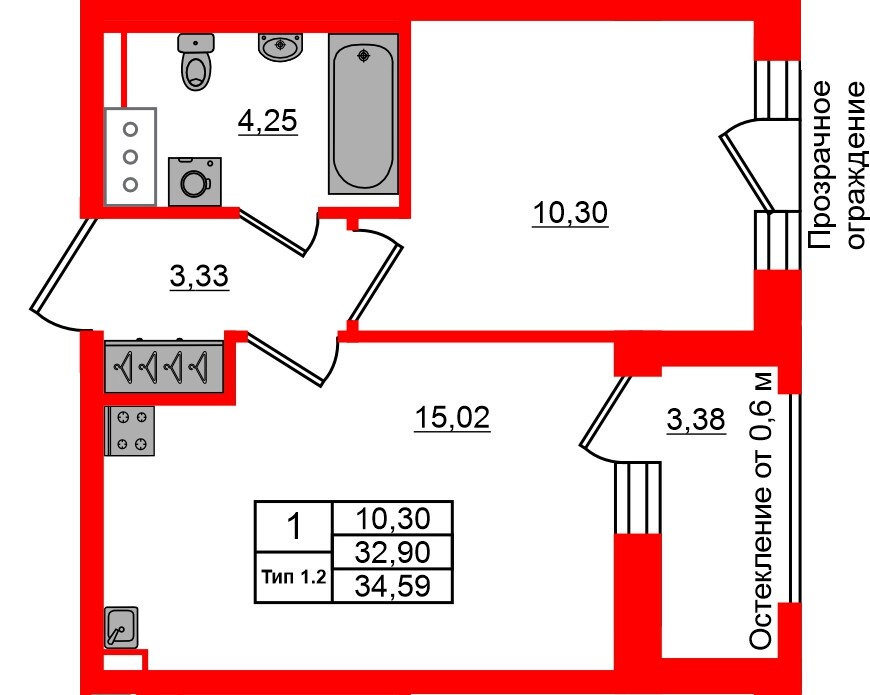 Квартира в ЖК «Сэтл Ривьера», 1 комнатная, 32.9 м², 12 этаж