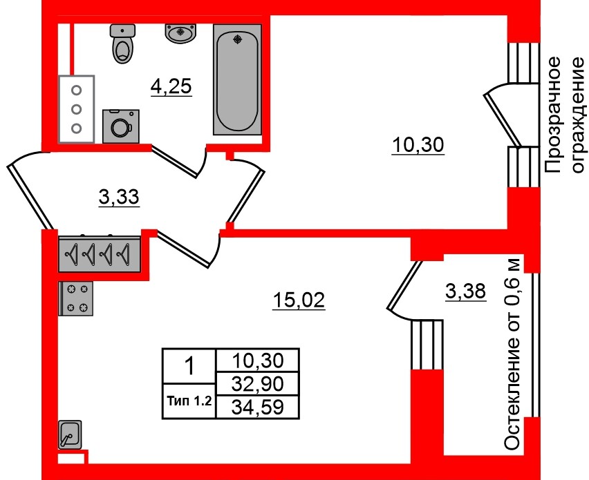 Квартира в ЖК «Сэтл Ривьера», 1 комнатная, 32.9 м², 12 этаж