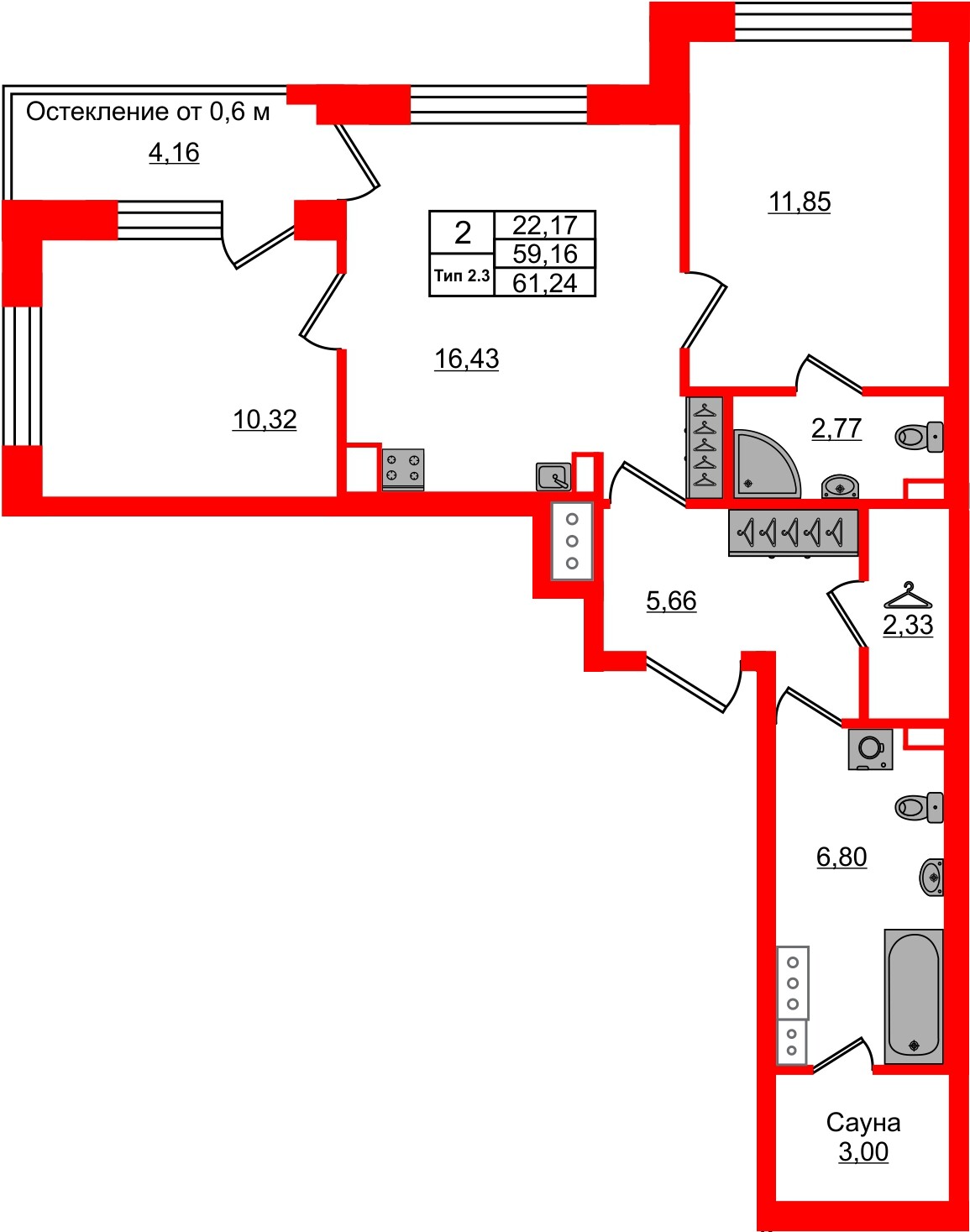 Квартира в ЖК «Сэтл Ривьера», 2 комнатная, 59.16 м², 8 этаж