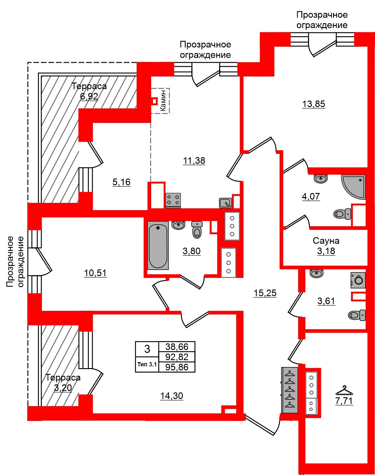 Квартира в ЖК «Сэтл Ривьера», 3 комнатная, 92.82 м², 12 этаж