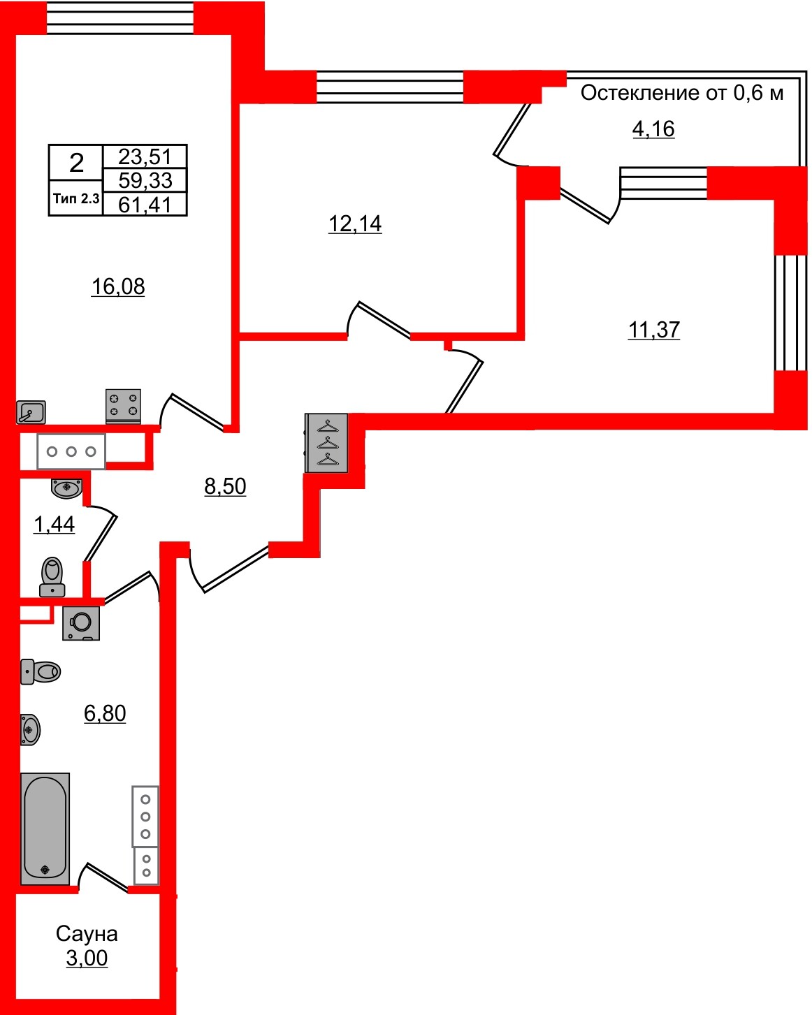 Квартира в ЖК «Сэтл Ривьера», 2 комнатная, 59.33 м², 7 этаж