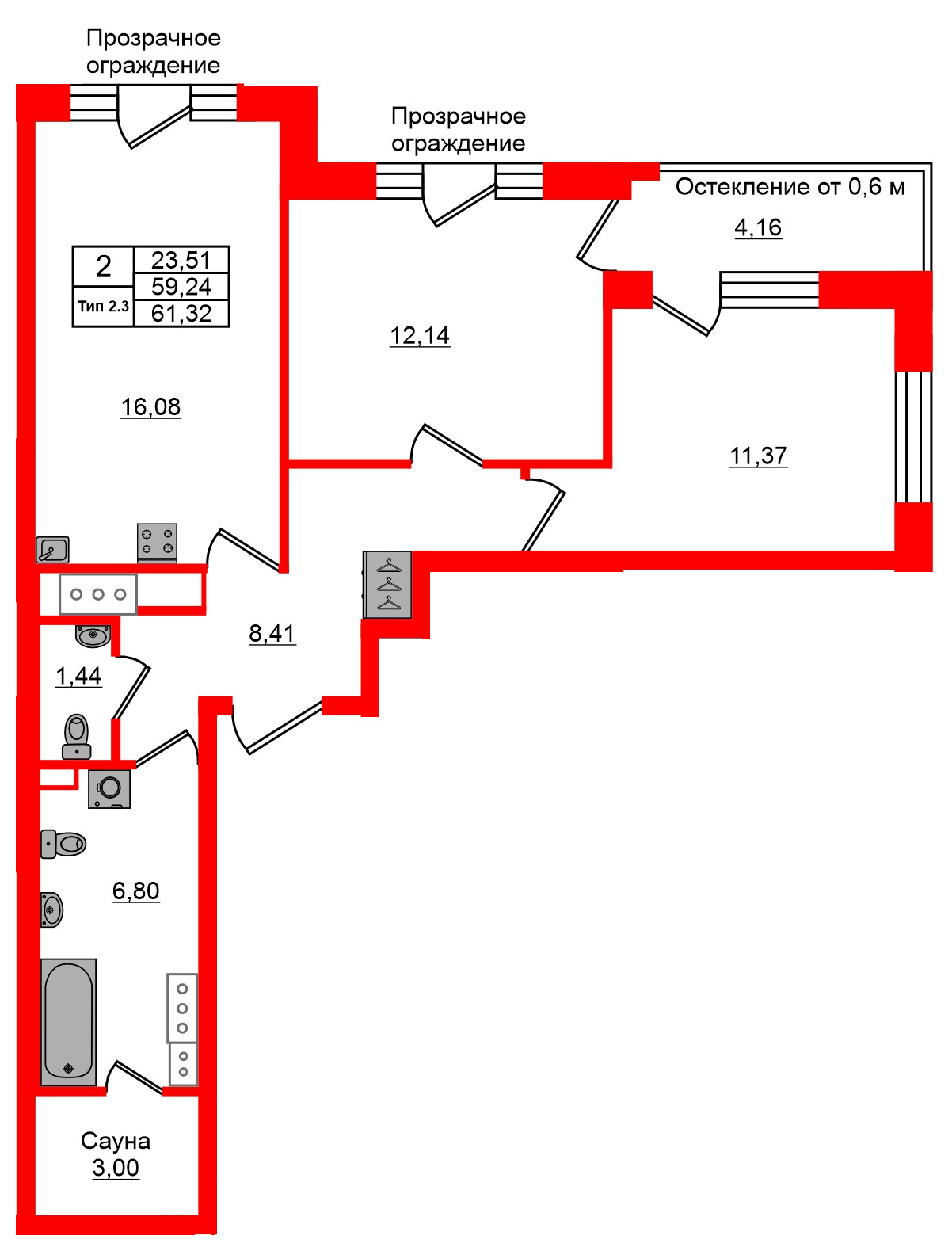 Квартира в ЖК Setl Ривьера, 2 комнатная, 59.24 м², 12 этаж