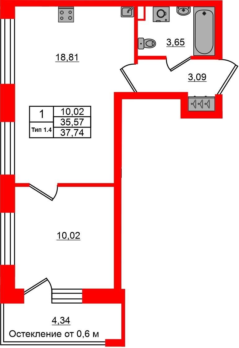 Квартира в ЖК «Сэтл Ривьера», 1 комнатная, 35.57 м², 1 этаж