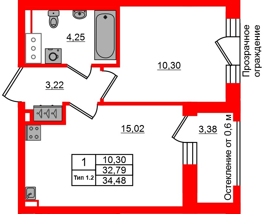 Квартира в ЖК «Сэтл Ривьера», 1 комнатная, 32.79 м², 12 этаж