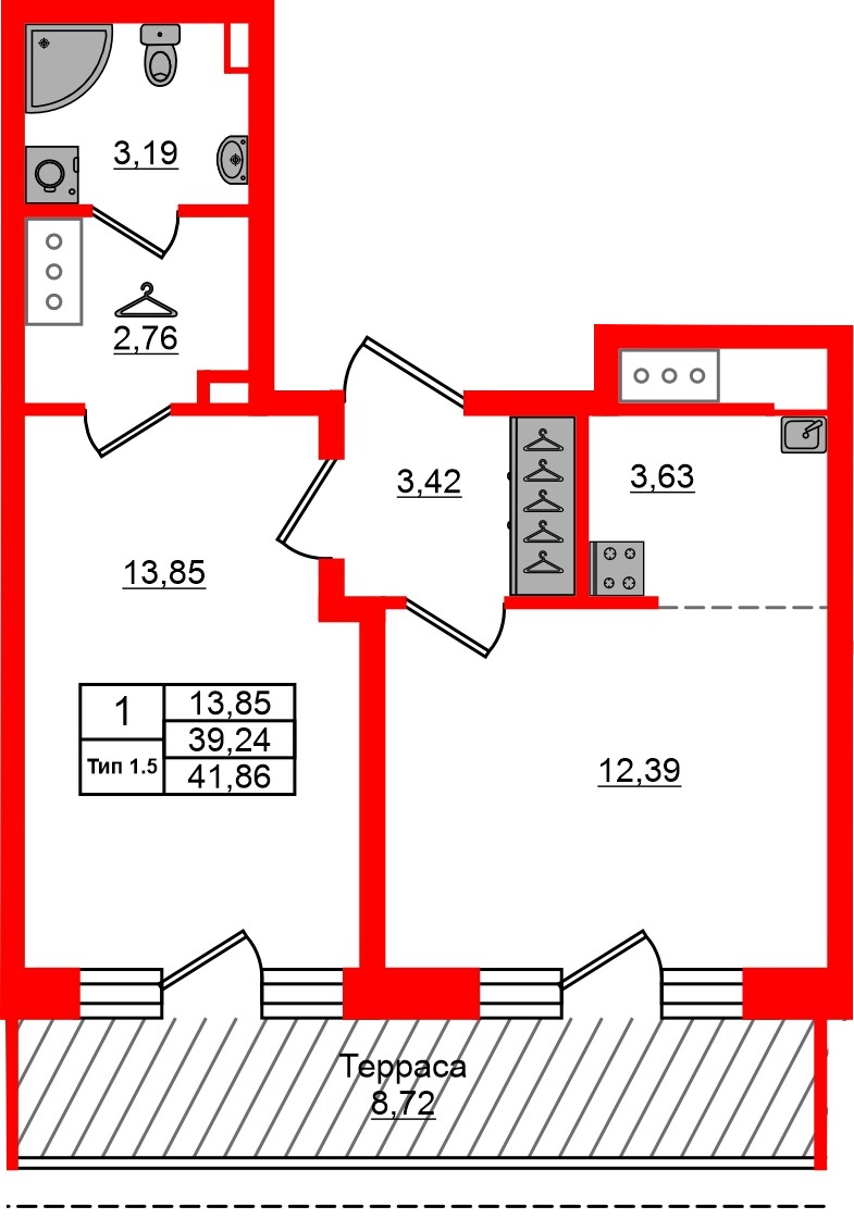 Квартира в ЖК «Сэтл Ривьера», 1 комнатная, 39.24 м², 12 этаж