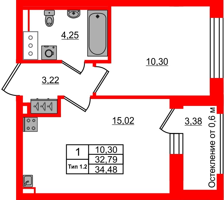 Квартира в ЖК «Сэтл Ривьера», 1 комнатная, 32.79 м², 7 этаж