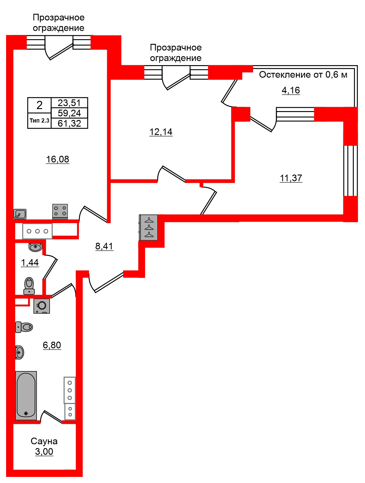 Квартира в ЖК Setl Ривьера, 2 комнатная, 59.24 м², 12 этаж
