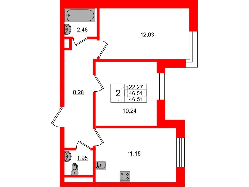 Квартира в ЖК Сертолово Парк, 2 комнатная, 46.51 м², 1 этаж