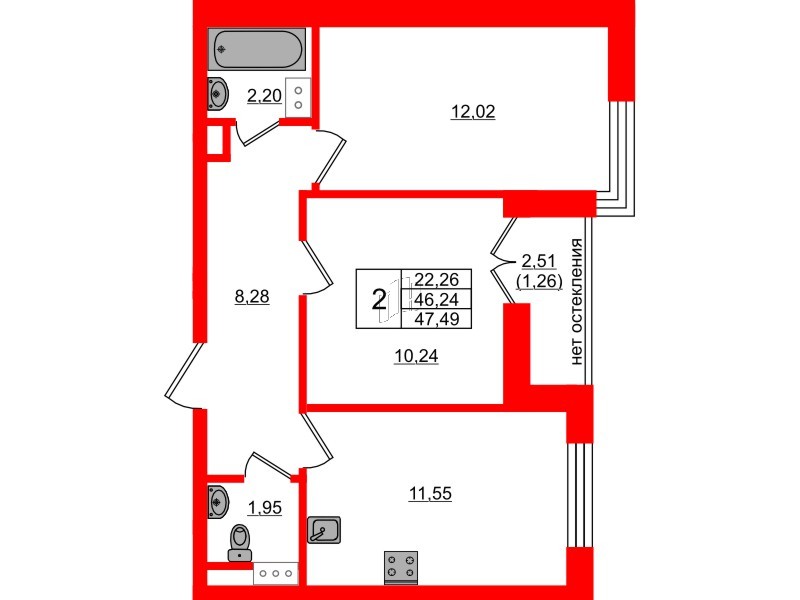 Квартира в ЖК Сертолово Парк, 2 комнатная, 47.49 м², 7 этаж