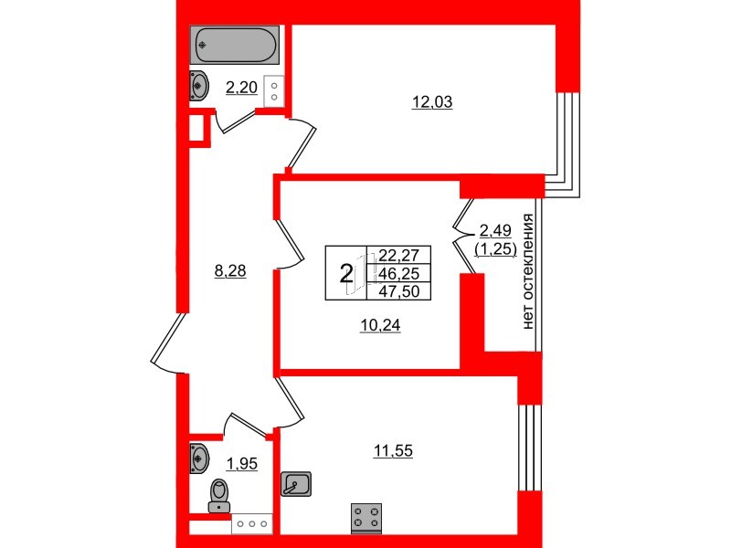 Квартира в ЖК Сертолово Парк, 2 комнатная, 47.5 м², 5 этаж