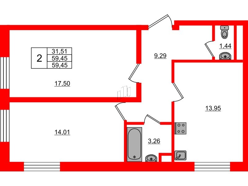 Квартира в ЖК Сертолово Парк, 2 комнатная, 59.45 м², 1 этаж