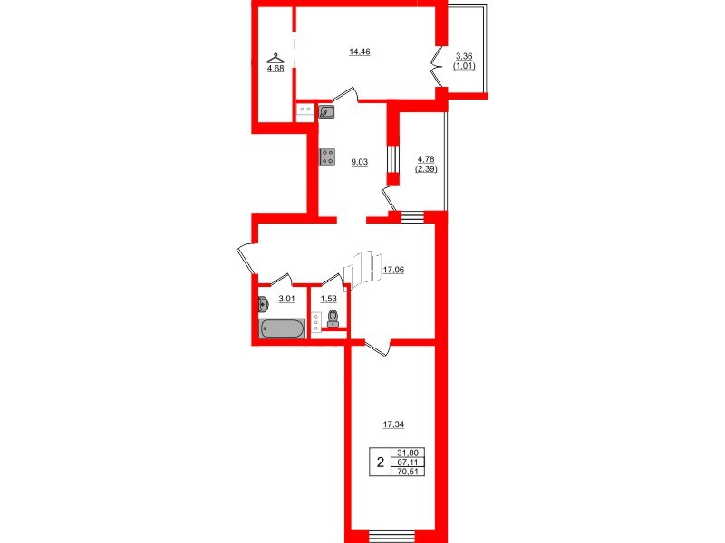 Квартира в ЖК Сертолово Парк, 2 комнатная, 70.51 м², 4 этаж