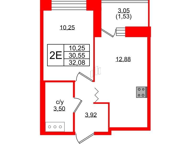 Квартира в ЖК Квартал Уютный, 1 комнатная, 32.08 м², 6 этаж
