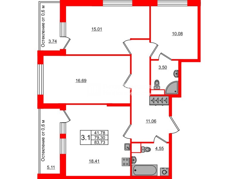 Квартира в ЖК «Город звёзд», 3 комнатная, 79.3 м², 2 этаж