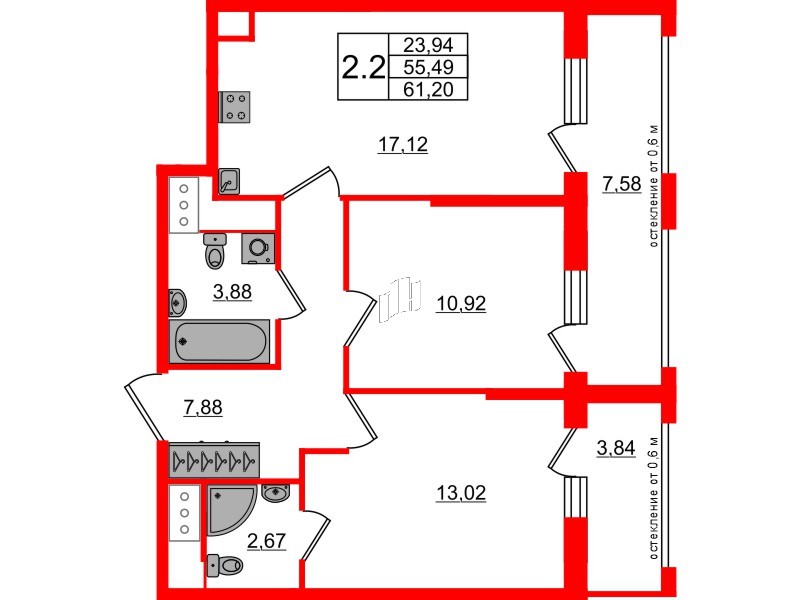Квартира в ЖК «Город звёзд», 2 комнатная, 55.49 м², 4 этаж