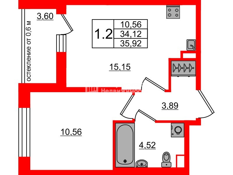 Квартира в ЖК «Город звёзд», 1 комнатная, 34.12 м², 2 этаж
