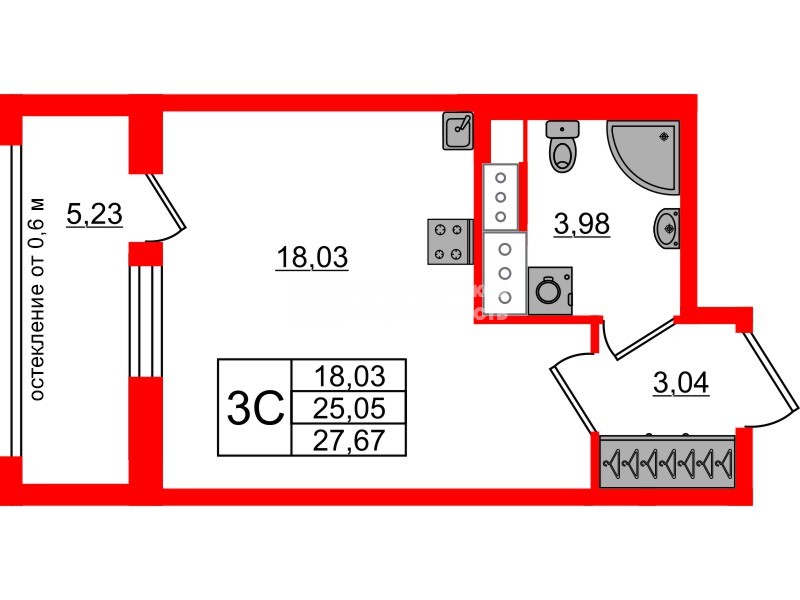Квартира в ЖК «Город звёзд», студия, 25.05 м², 19 этаж