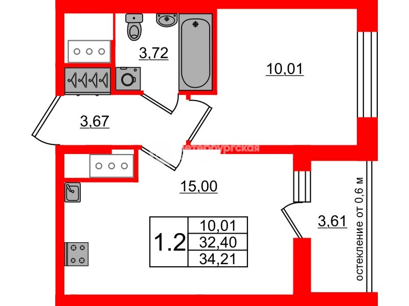 Квартира в ЖК «Город звёзд», 1 комнатная, 32.4 м², 3 этаж