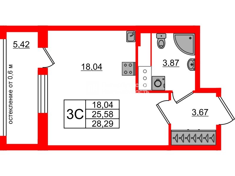 Квартира в ЖК «Город звёзд», студия, 25.58 м², 13 этаж