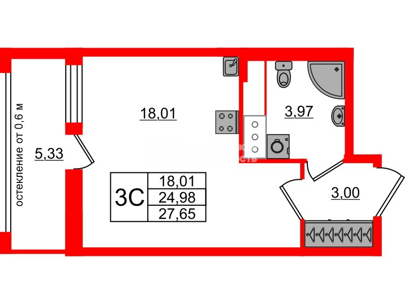 Квартира в ЖК «Город звёзд», студия, 24.98 м², 3 этаж