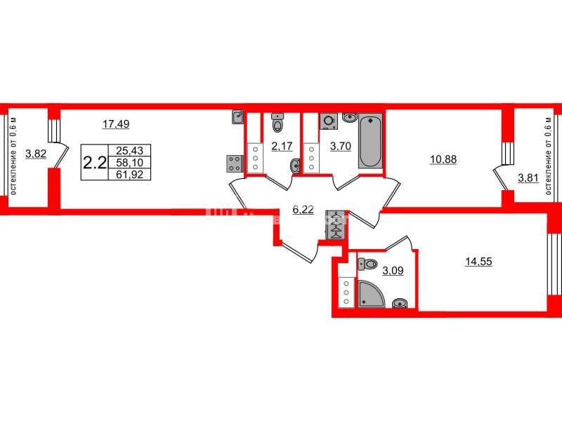 Квартира в ЖК «Город звёзд», 2 комнатная, 58.1 м², 22 этаж
