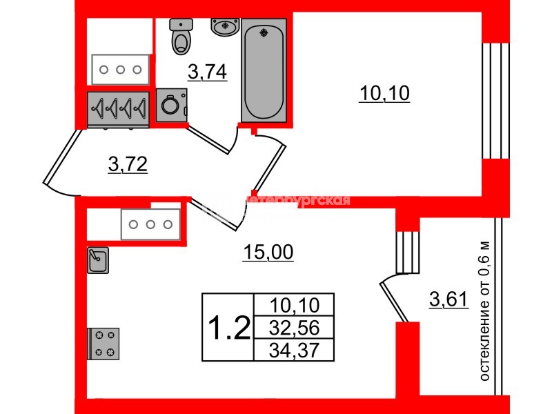 Квартира в ЖК «Город звёзд», 1 комнатная, 32.56 м², 20 этаж
