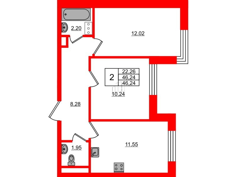 Квартира в ЖК Сертолово Парк, 2 комнатная, 46.24 м², 2 этаж