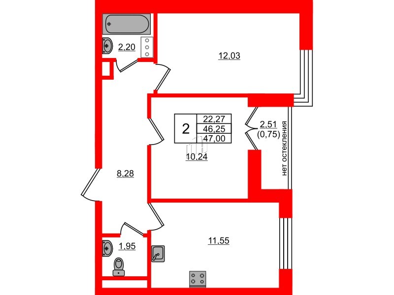 Квартира в ЖК Сертолово Парк, 2 комнатная, 47 м², 6 этаж