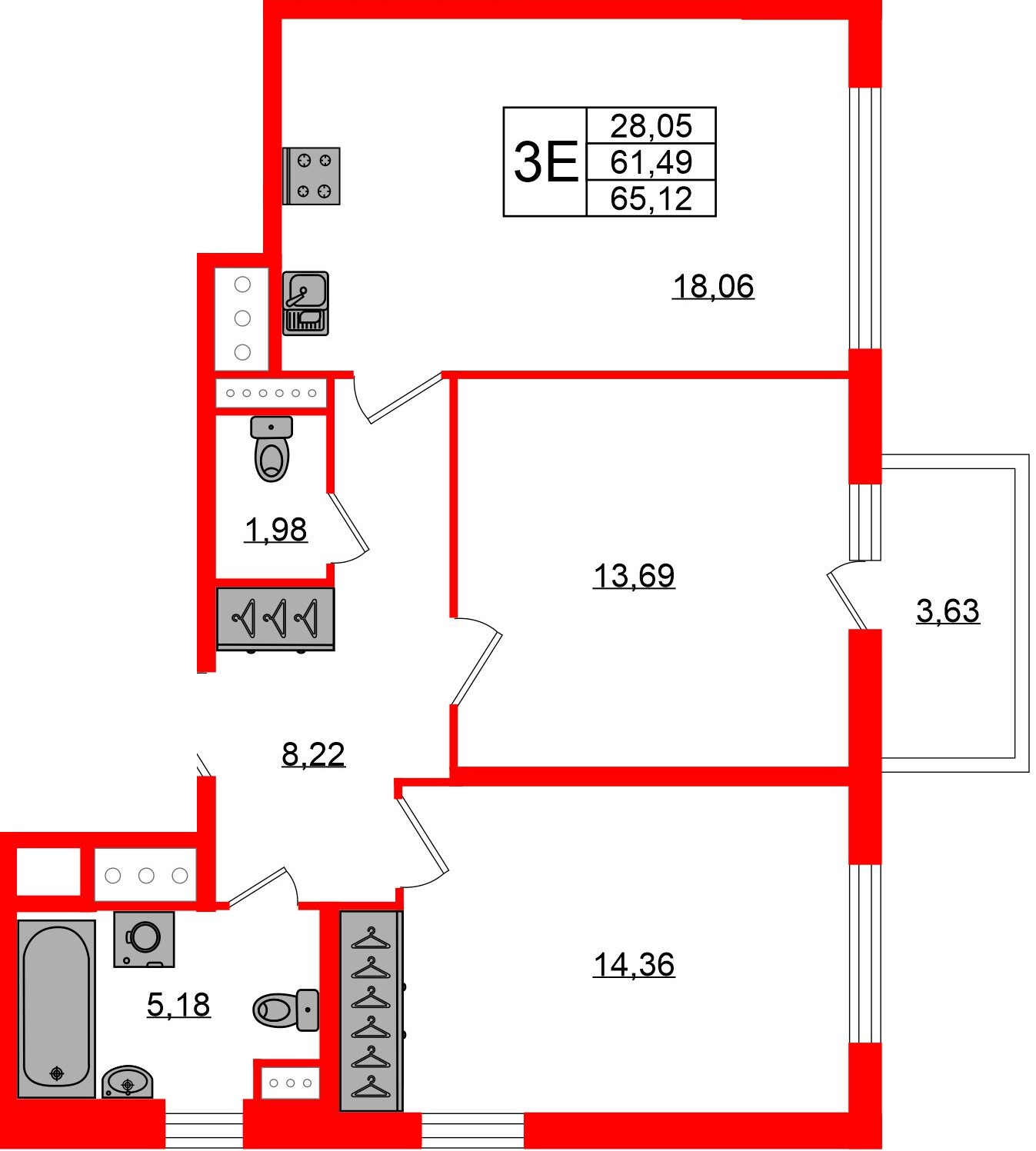 Квартира в ЖК ЯСНО.ЯНИНО, 2 комнатная, 61.49 м², 3 этаж