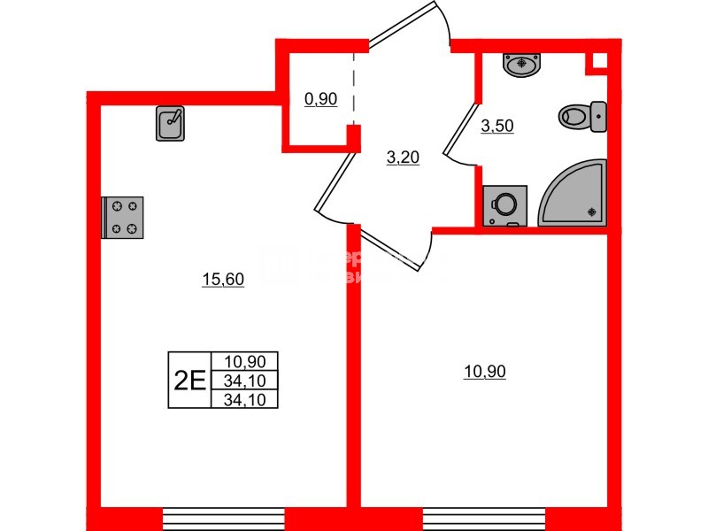 Квартира в ЖК Дыбенко Парк, 1 комнатная, 34.1 м², 12 этаж