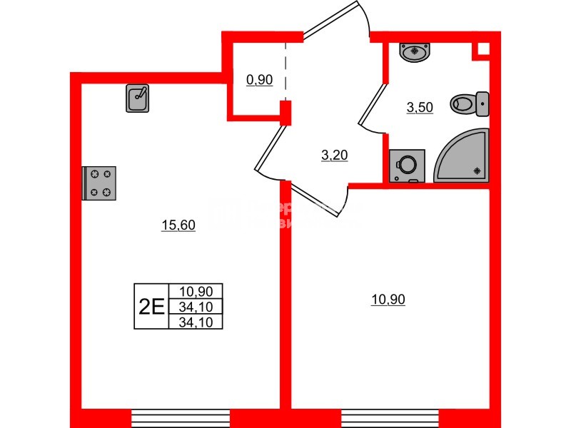 Квартира в ЖК Дыбенко Парк, 1 комнатная, 34.1 м², 2 этаж