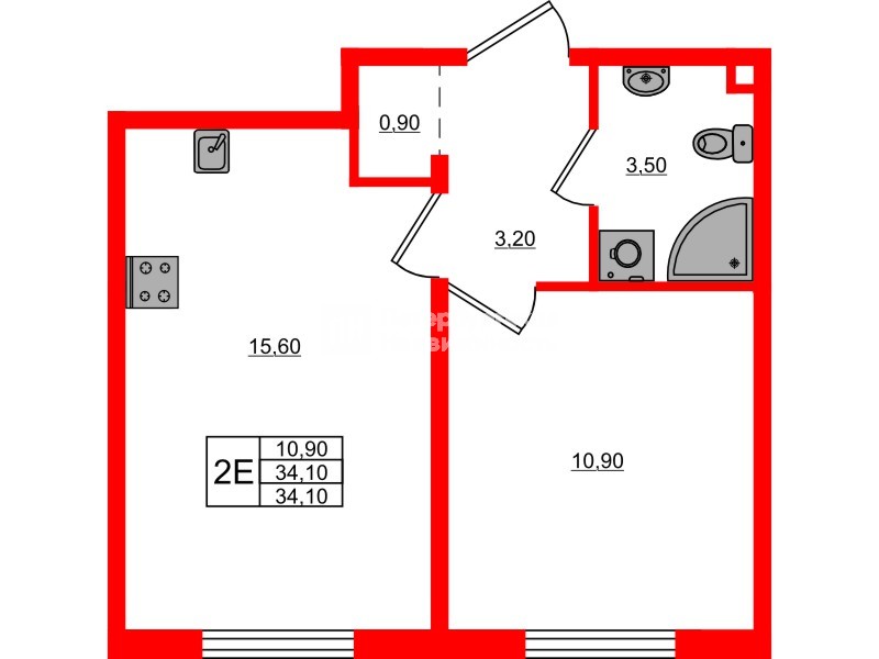 Квартира в ЖК Дыбенко Парк, 1 комнатная, 34.1 м², 9 этаж